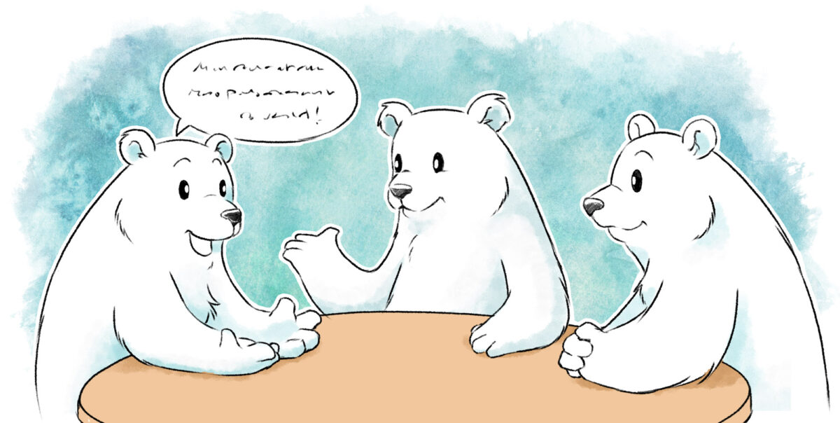 Three polarbears communicating around a table.